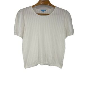 Draper James‎ Womens Short Sleeve Pointelle Sweater XXL White Puff Sleeve Preppy